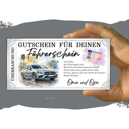 Führerschein Gutschein elegant mit Achtung-Schild und blauen Richtungspfeilen im Aquarell-Stil