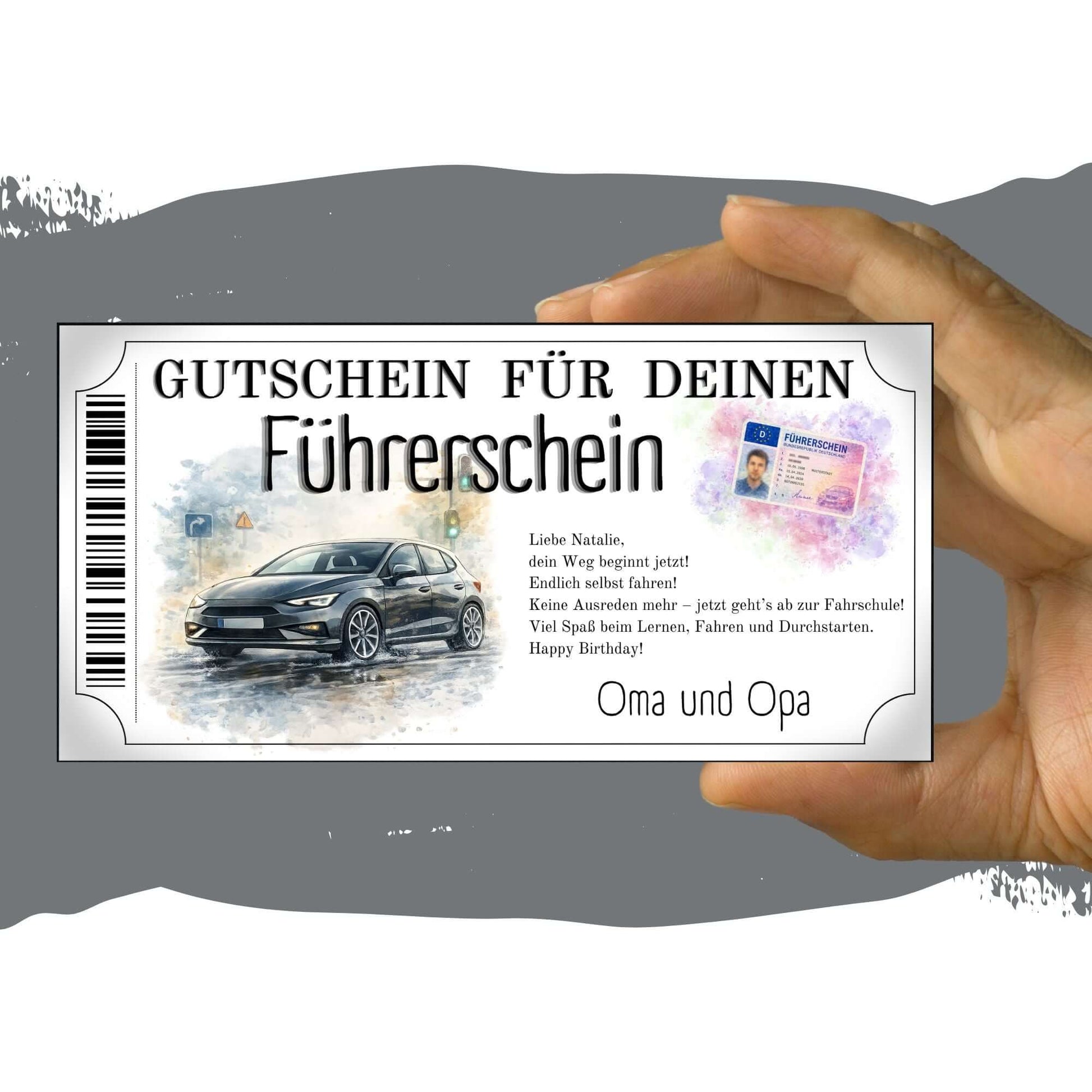 Führerschein Gutschein Durchstarten mit Warndreieck und Vorfahrtsschild im urbanen Setting