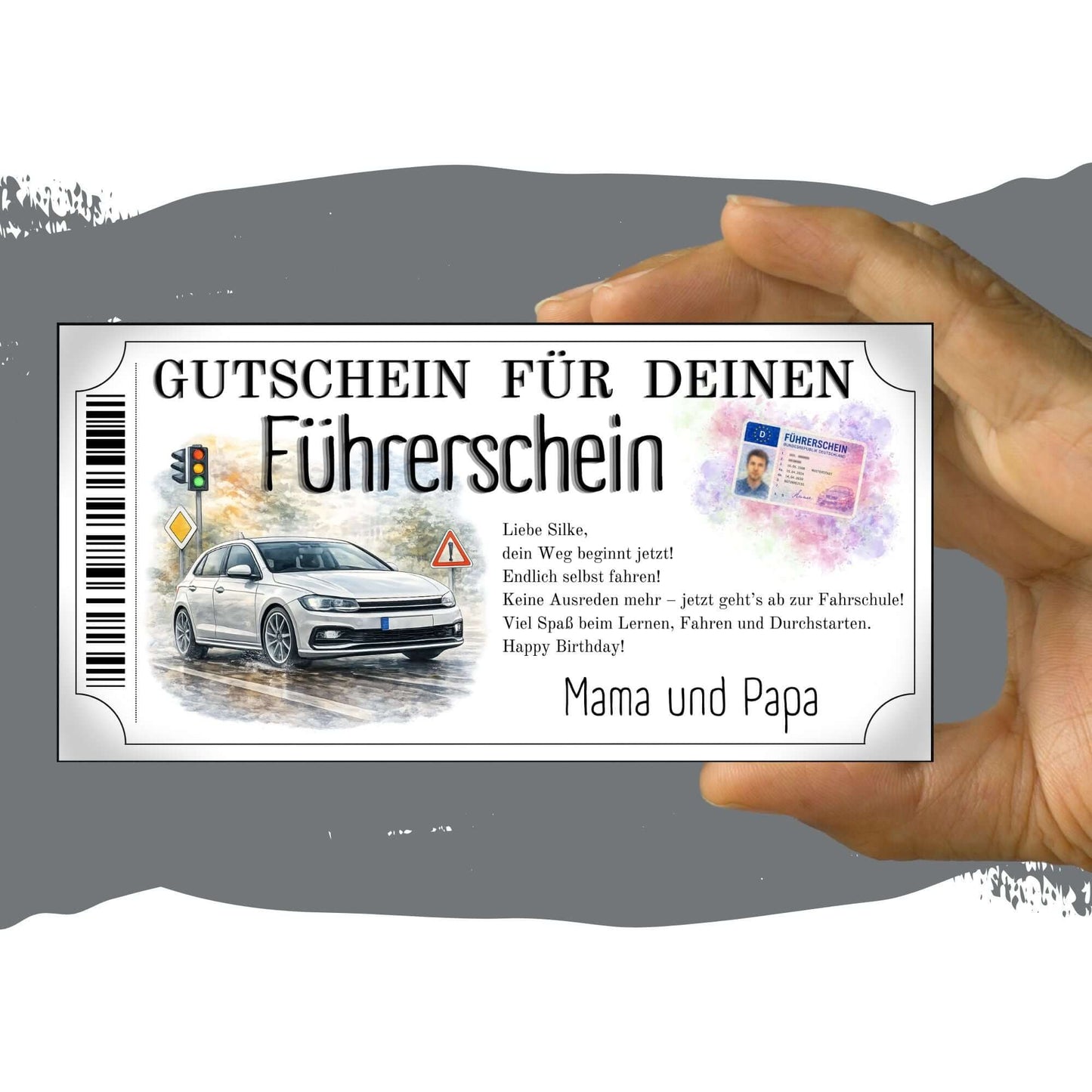 Führerschein Gutschein modern mit Fußgänger-Warnschild und herbstlicher Aquarell-Kulisse