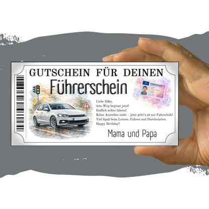 Führerschein Gutschein modern mit Fußgänger-Warnschild und herbstlicher Aquarell-Kulisse