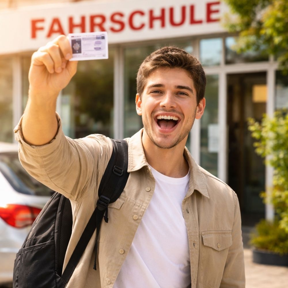 Junger Mann jubelt mit Führerschein in der Hand vor der Fahrschule – Geschenkidee Führerschein Gutschein selbst gestalten