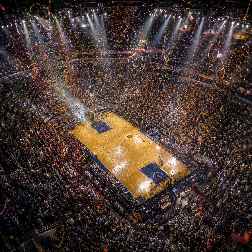 Realistisches Basketball-Arena-Luftbild mit Spotlights und Konfettiregen – digitale Basketball Einladungskarte