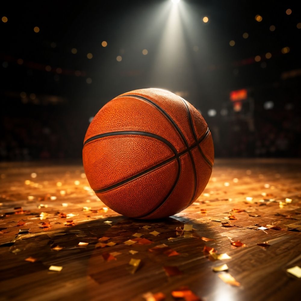 Nahaufnahme eines orangefarbenen Basketballs auf Parkettboden mit goldenem Konfetti im Scheinwerferlicht