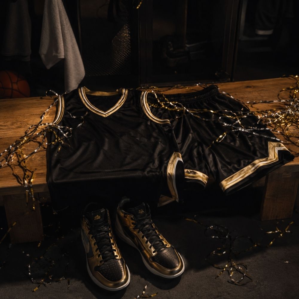 Cinematische Umkleidekabinen-Szene mit Basketball-Trikot, Sneakers und goldenen Streamern