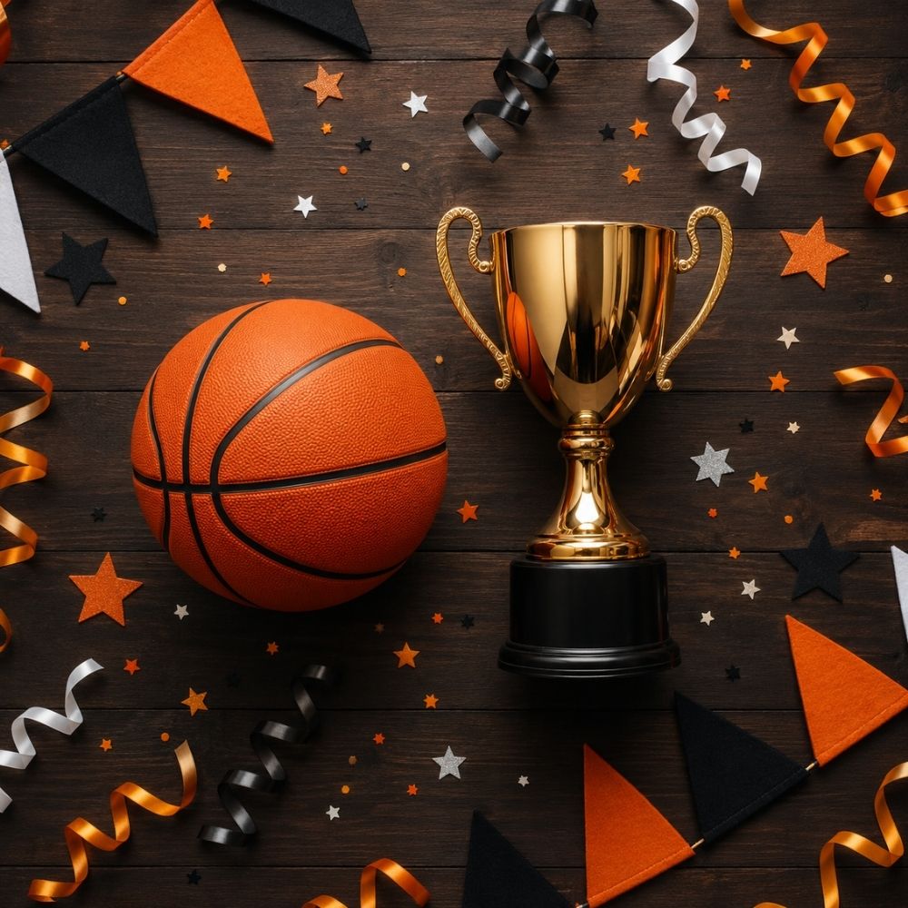 Flat-Lay mit Basketball, Goldpokal, Streamern und Konfetti auf dunklem Holzuntergrund – stilvolle digitale Einladung