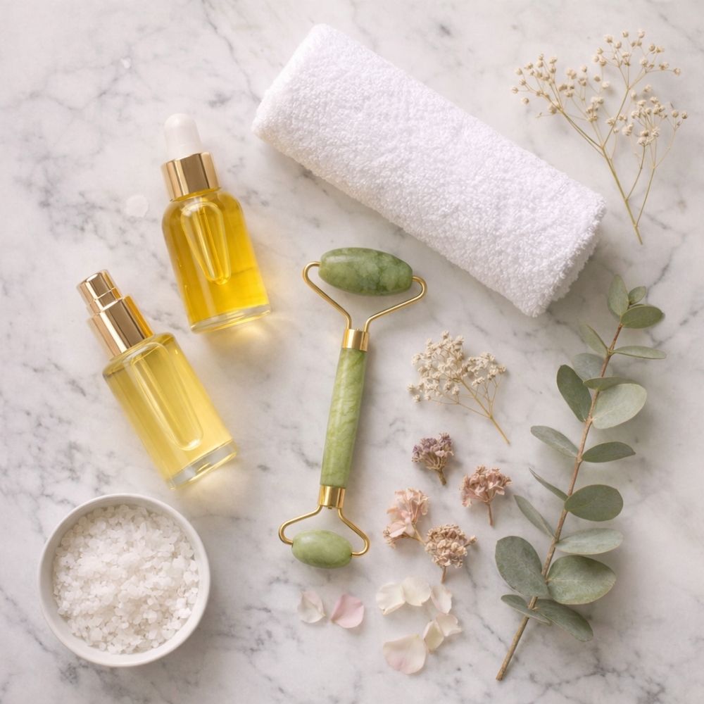 Wellness Flatlay mit Massage-Ölen, Jade-Roller und Eukalyptus auf Marmor – digitaler Beauty Gutschein Vorlage personalisierbar