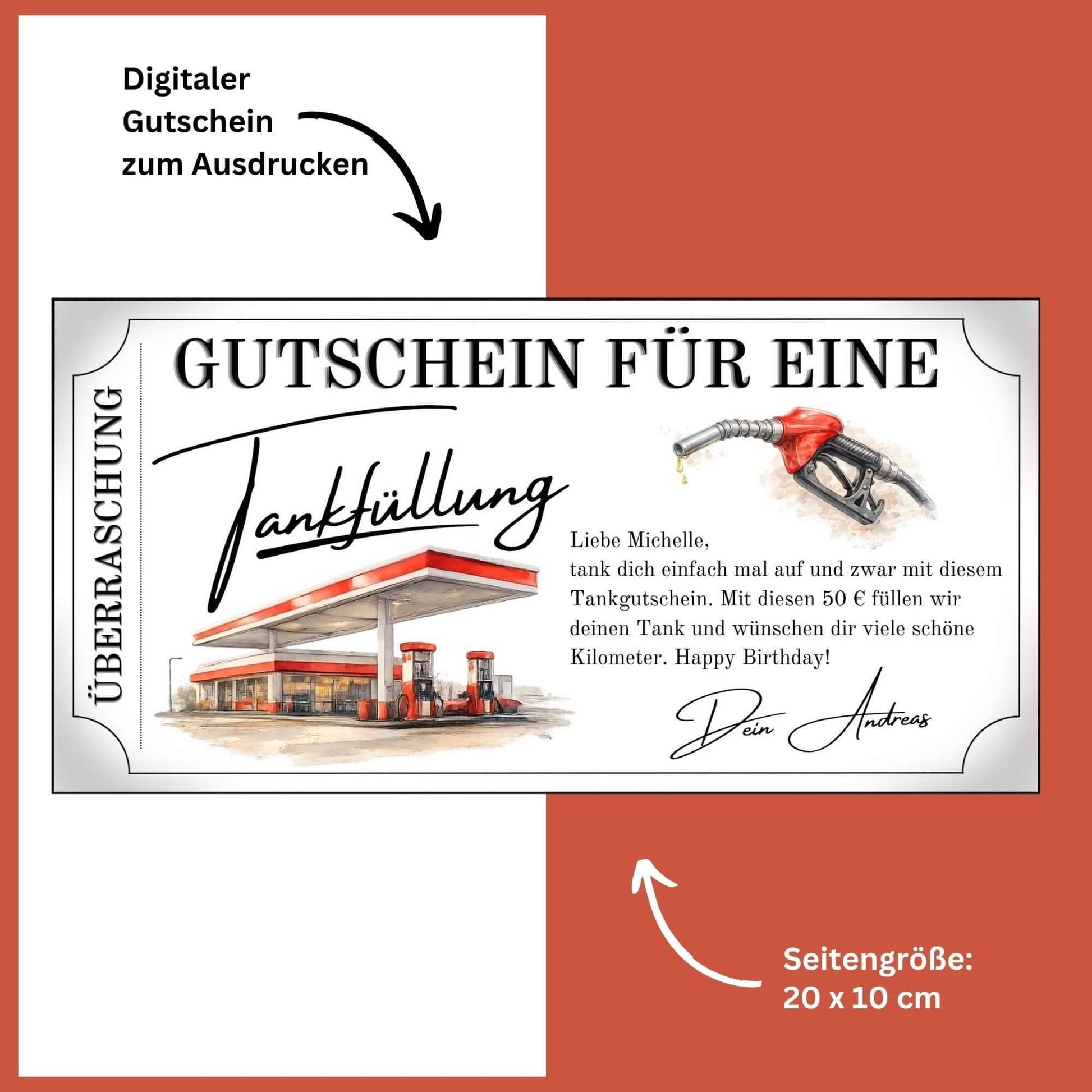 Digitaler Tankgutschein rot – Gutschein für eine Tankfüllung, personalisiert und zum Ausdrucken.