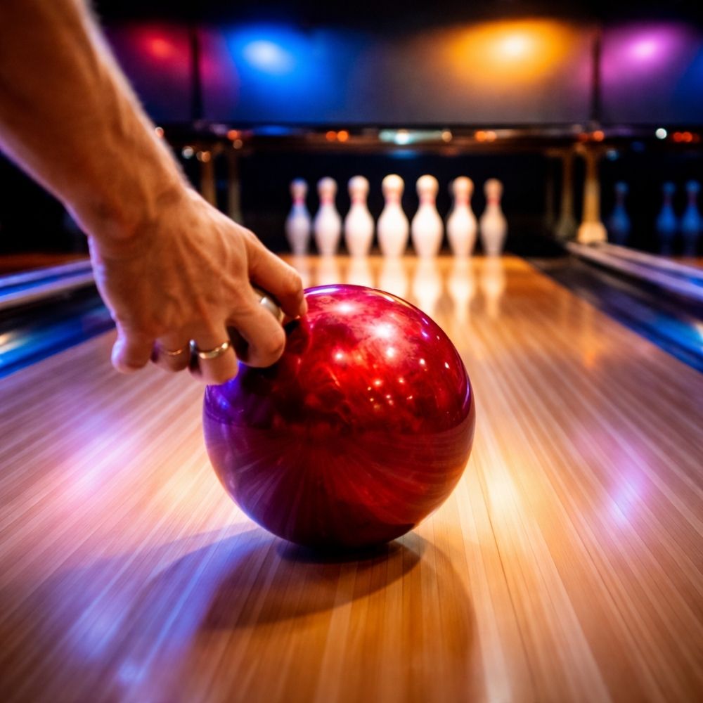 Bowlingkugel rollt auf die Pins zu – Bowling Gutschein digital als Geschenkidee
