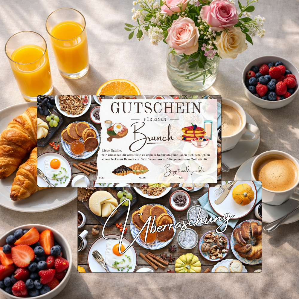 Gemütlicher Brunch-Tisch mit Croissants, Kaffee, Früchten und dekorativem Umschlag – Brunch Gutschein zum Ausdrucken von eCARD4you