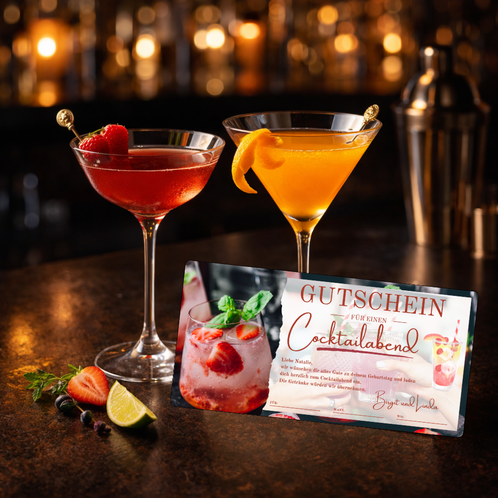 Stimmungsvoller Cocktailabend mit zwei eleganten Drinks und dekorativem Geschenkumschlag – Cocktailabend Gutschein digital gestalten bei eCARD4you
