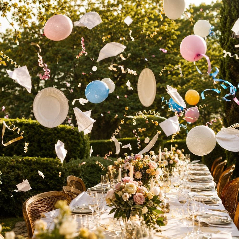 Windböe wirbelt Pappteller, Luftballons und Servietten bei einer Gartenparty durch die Luft – humorvoller Einladungsmoment