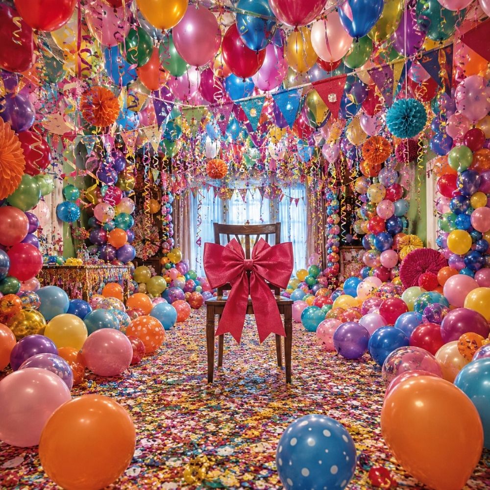 Übertrieben dekorierter Partyraum mit unzähligen Luftballons und Girlanden – witzige digitale Einladungskarte