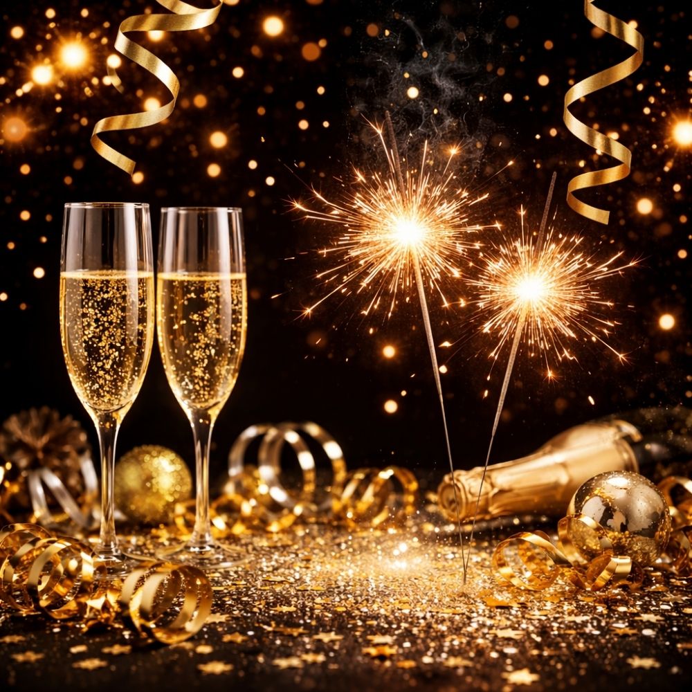 Glamouröses Silvester-Stillleben mit goldenem Konfetti und Wunderkerzen – digitaler Gutschein Silvester personalisieren und ausdrucken