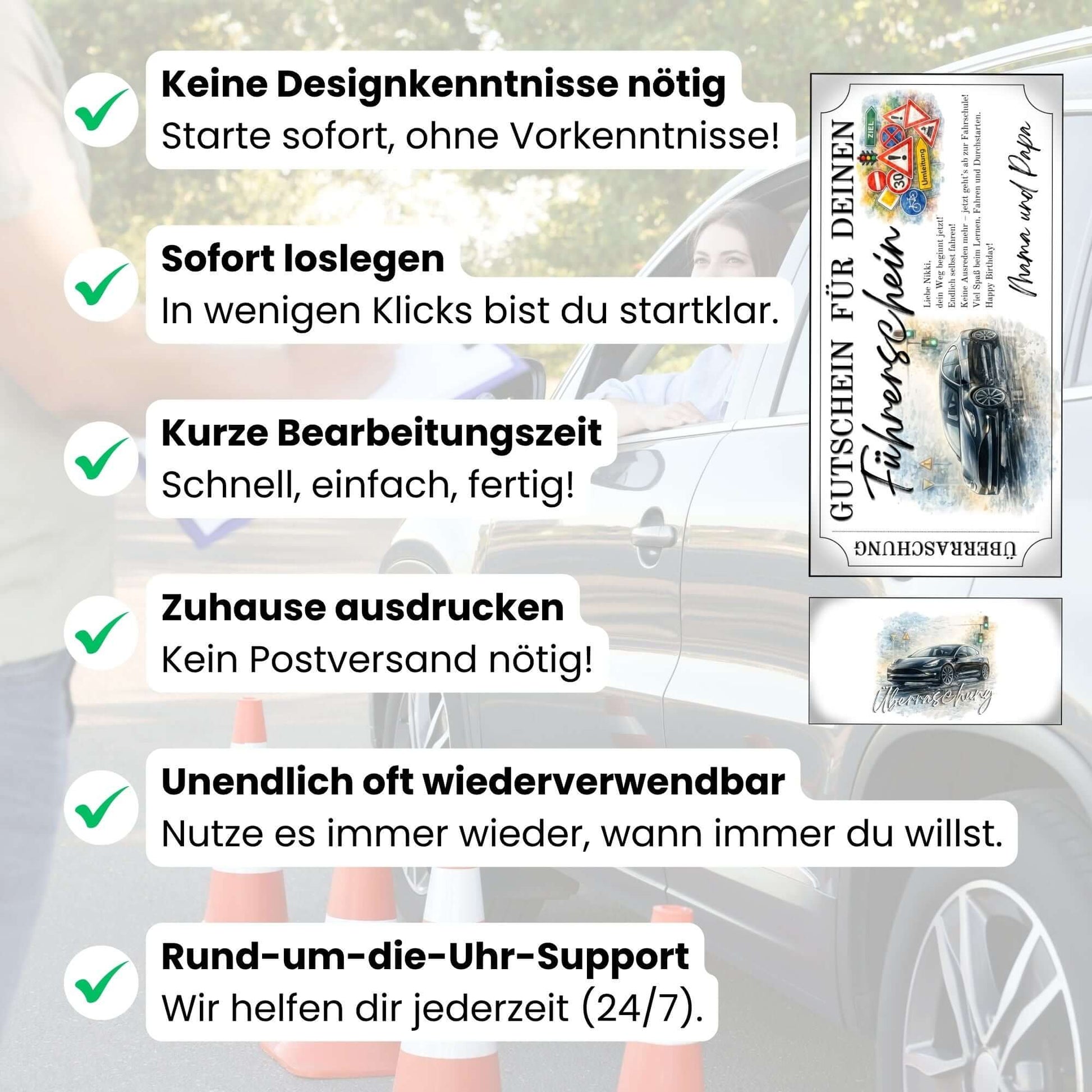 Digitaler Führerschein Gutschein E-Auto mit grüner Ampel und nasser Stadtstraße