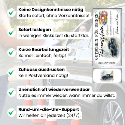 Digitaler Führerschein Gutschein E-Auto mit grüner Ampel und nasser Stadtstraße