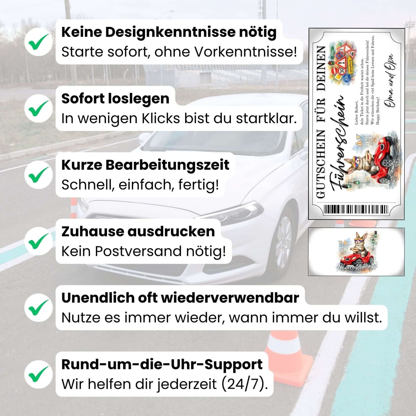 Digitaler Führerschein Gutschein Hase mit grüner Ampel und Verkehrsschilder-Cluster