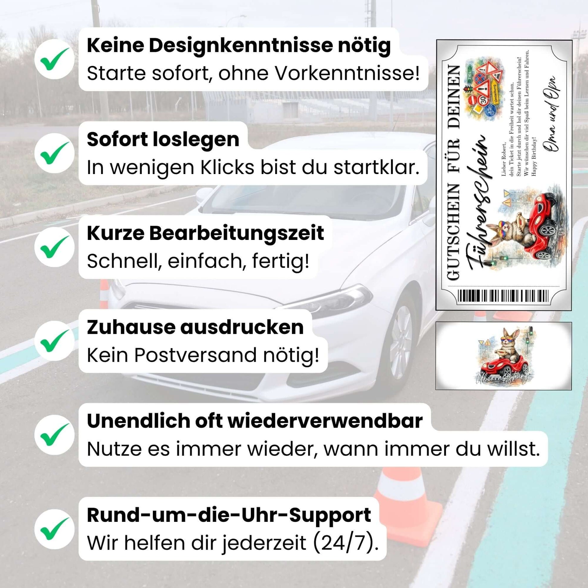 Digitaler Führerschein Gutschein Hase mit grüner Ampel und Verkehrsschilder-Cluster