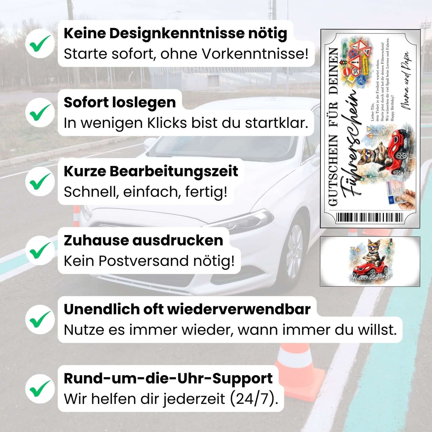 Digitaler Führerschein Gutschein Hund mit EU-Führerscheinkarte in Hand und Verkehrsschilder-Cluster