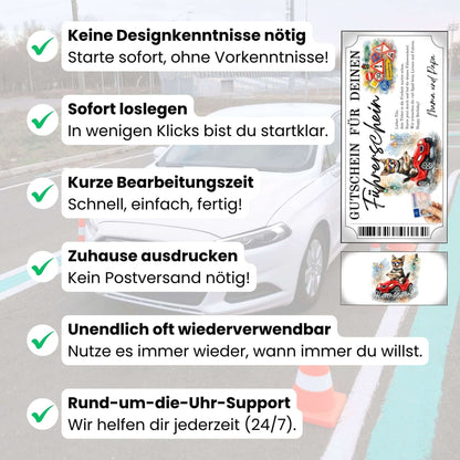 Digitaler Führerschein Gutschein Hund mit EU-Führerscheinkarte in Hand und Verkehrsschilder-Cluster