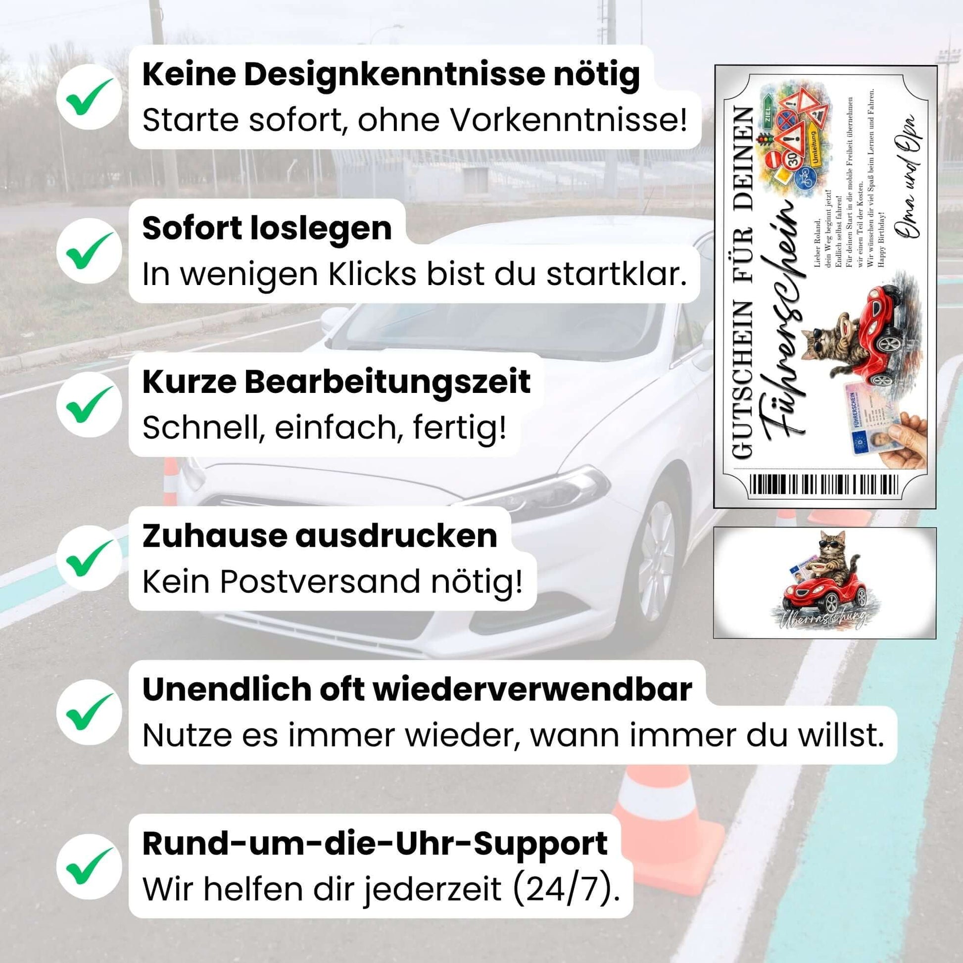 Digitaler Führerschein Gutschein Katze mit EU-Führerscheinkarte in Hand und Verkehrsschilder-Cluster