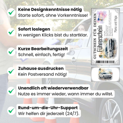 Digitaler Führerschein Gutschein modern mit Ampel und Vorfahrtsstraßen-Schild auf nasser Straße