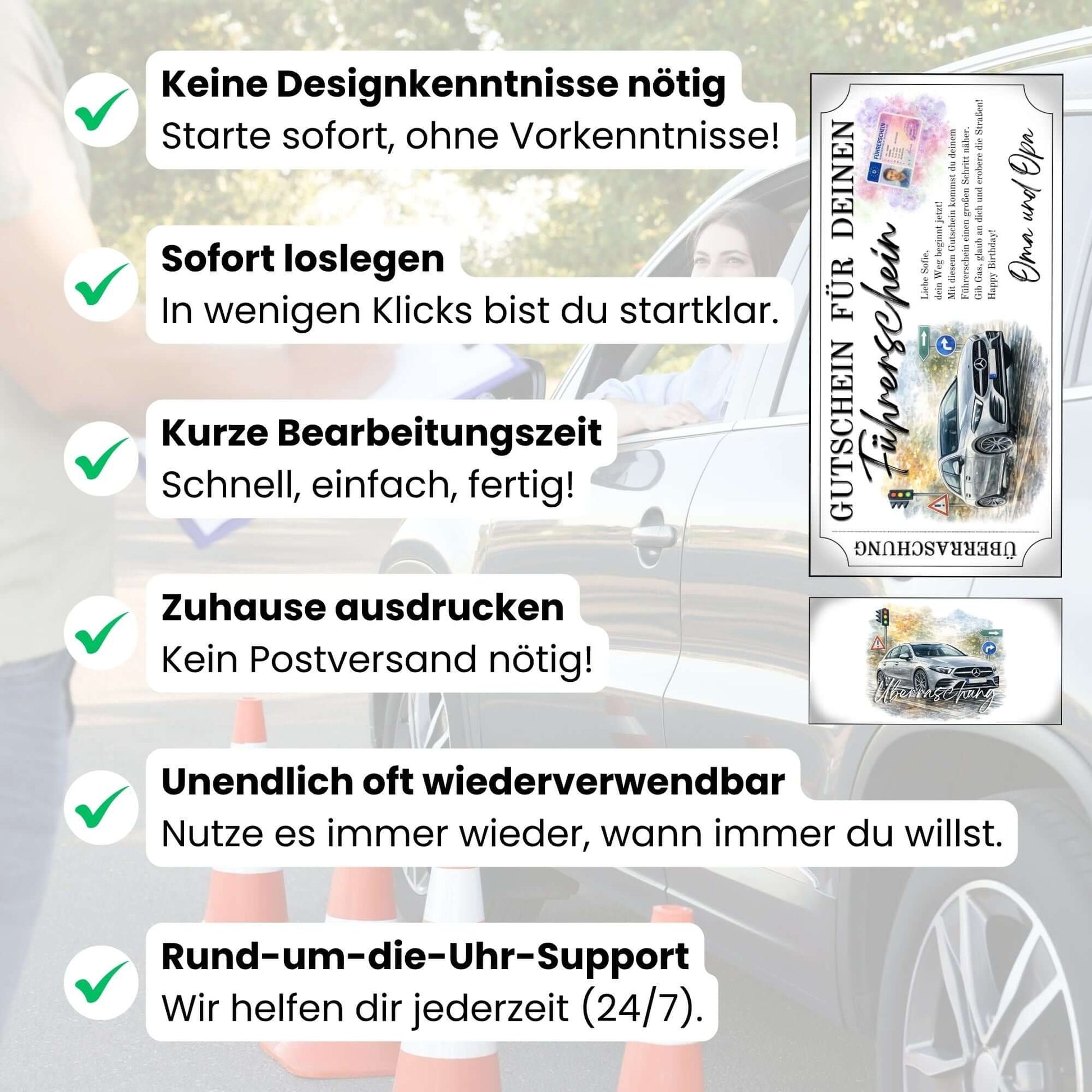 Digitaler Führerschein Gutschein elegant mit Ampel und herbstlicher Farbstimmung auf nasser Straße