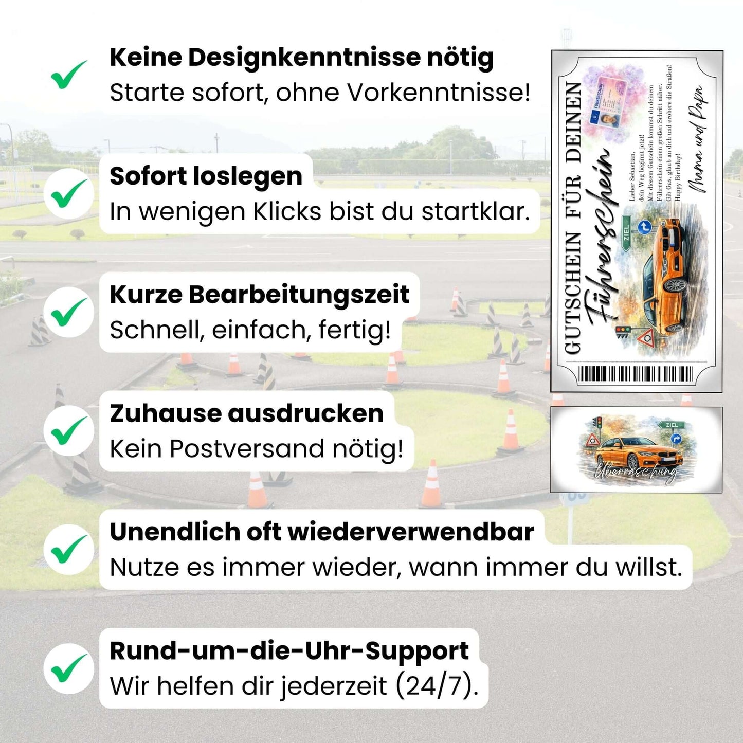 Digitaler Führerschein Gutschein Sportwagen auf regennasser Straße mit Ampel und Bokeh-Licht