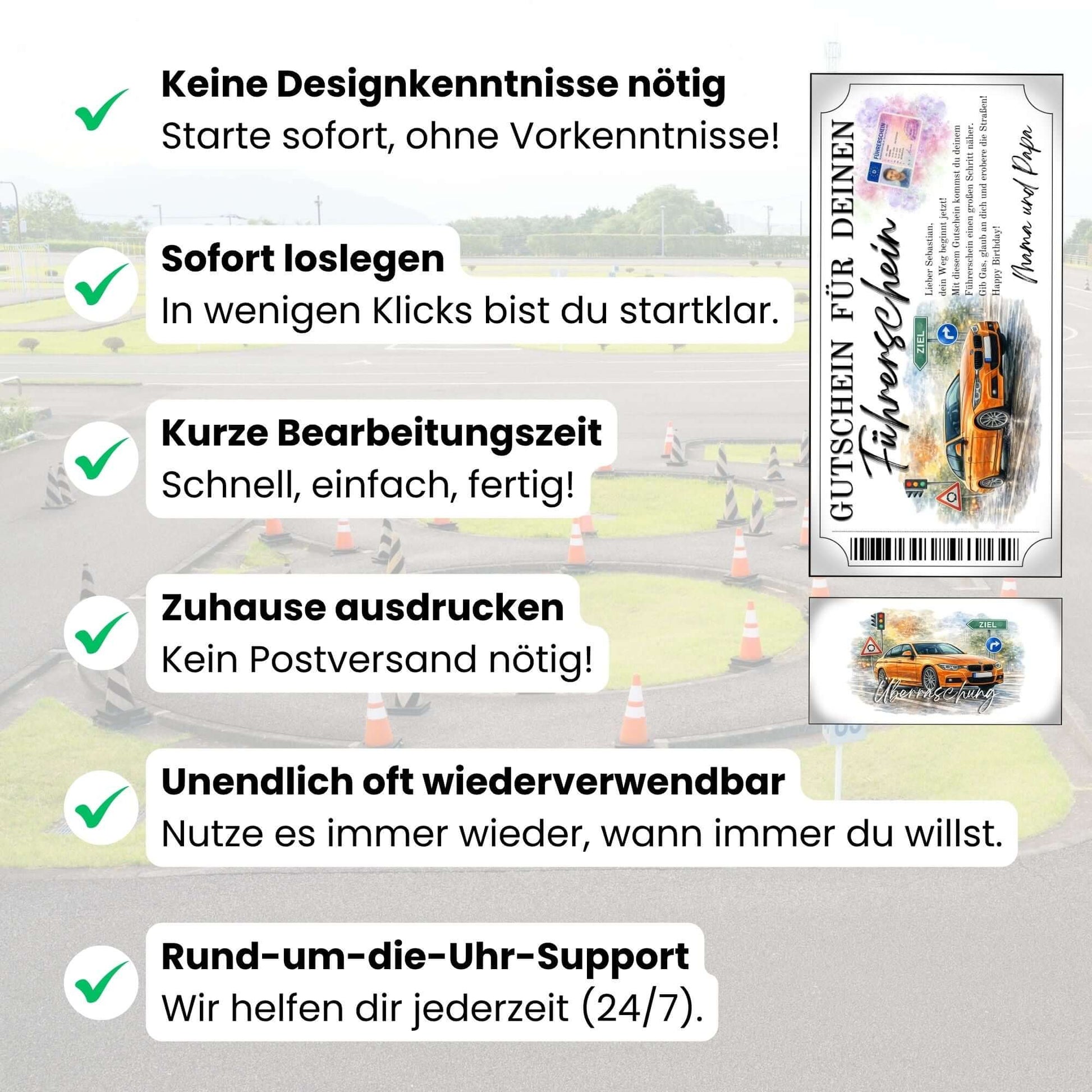 Digitaler Führerschein Gutschein Sportwagen auf regennasser Straße mit Ampel und Bokeh-Licht