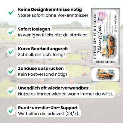 Digitaler Führerschein Gutschein Sportwagen auf regennasser Straße mit Ampel und Bokeh-Licht