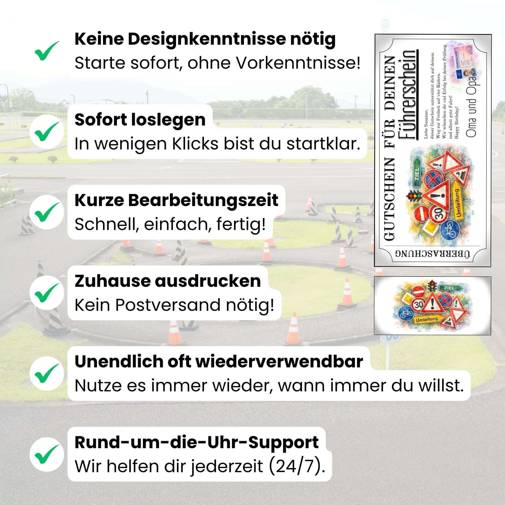 Digitaler Gutschein Fahrschule mit Ampel Vorfahrtsschildern und EU-Führerscheinkarte