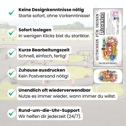 Digitaler Gutschein Fahrschule mit Ampel Vorfahrtsschildern und EU-Führerscheinkarte