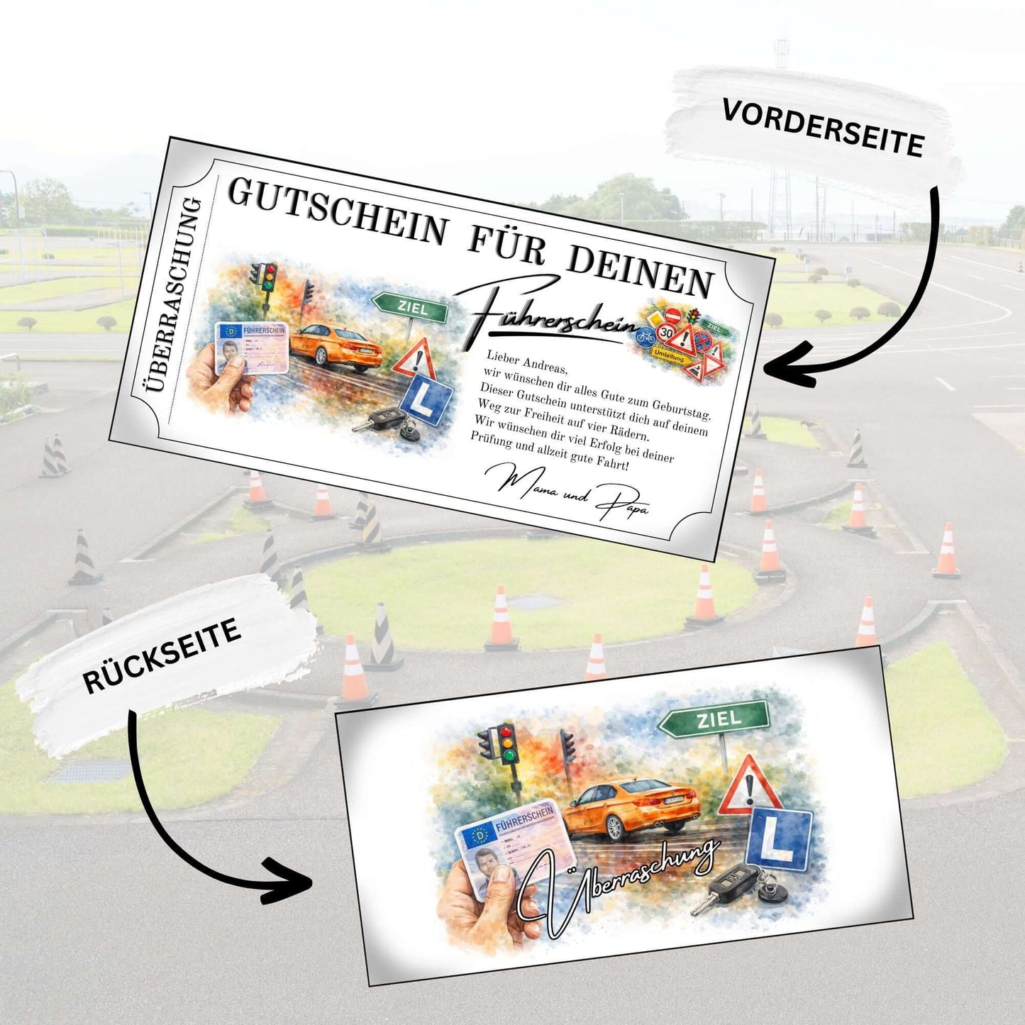 Personalisierbare Führerschein Gutschein Vorlage mit Autoschlüssel und Zierrahmen