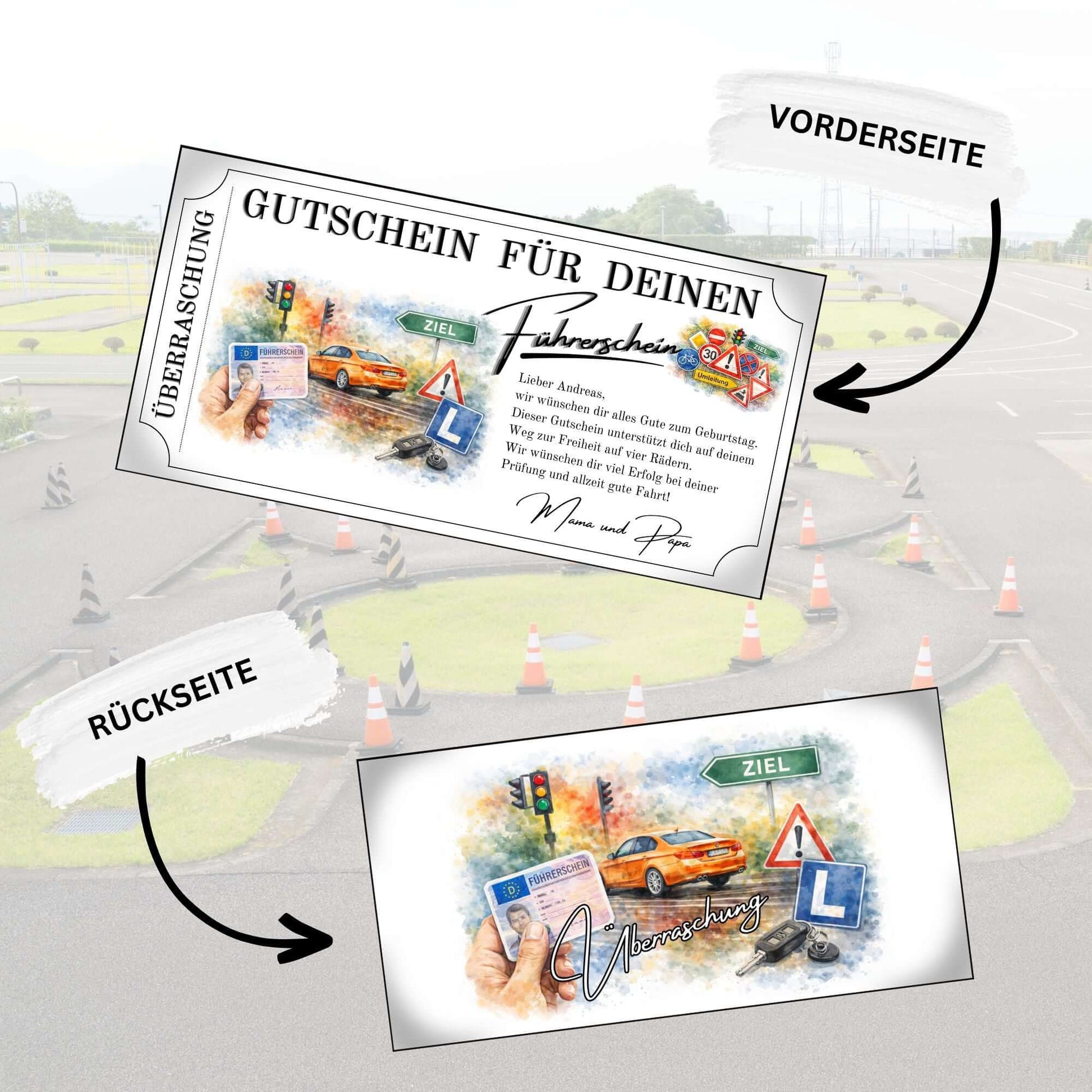 Personalisierbare Führerschein Gutschein Vorlage mit Autoschlüssel und Zierrahmen