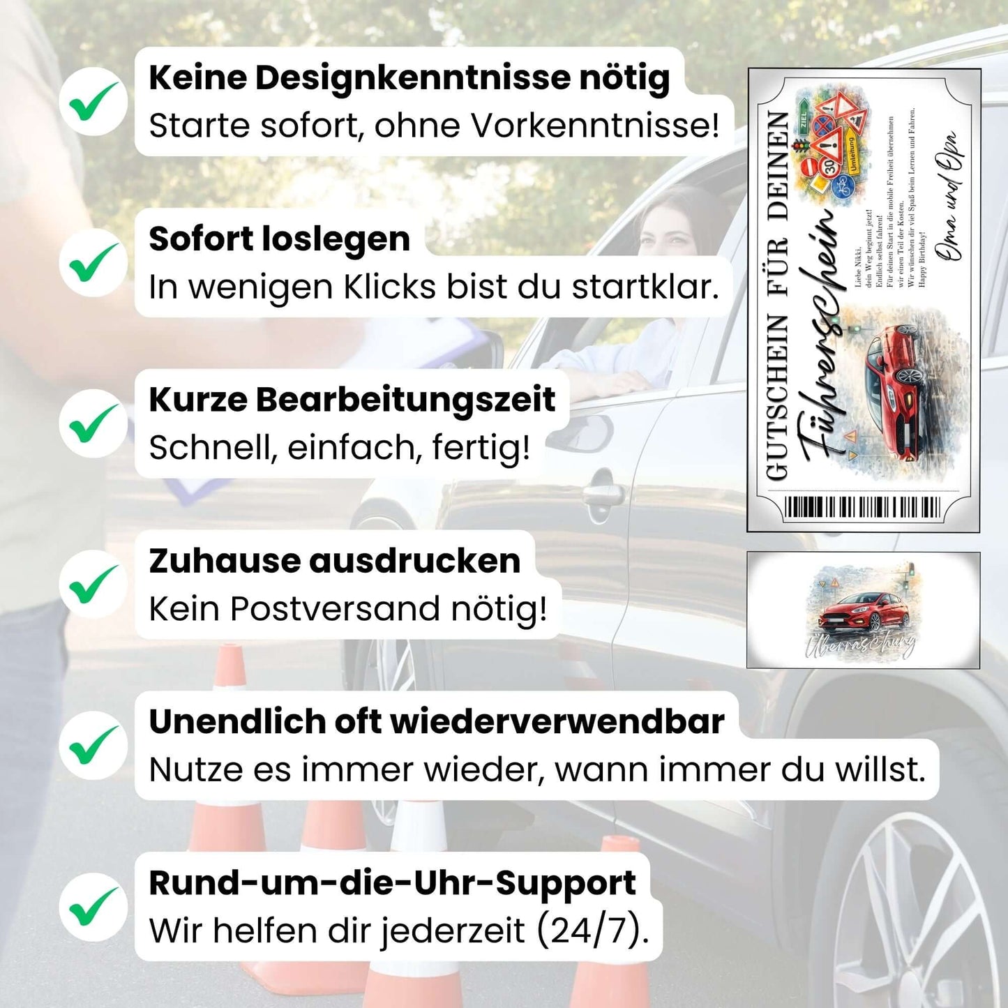 Digitaler Führerschein Gutschein rotes Auto mit grüner Ampel und nasser Stadtstraße