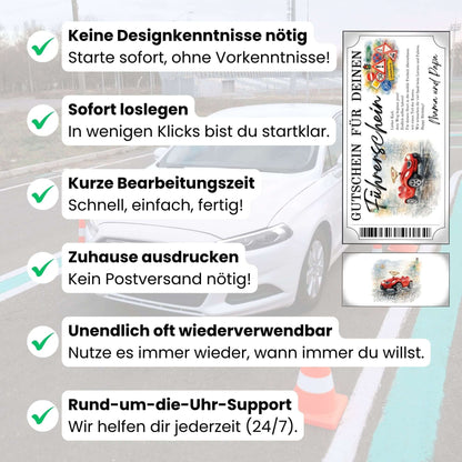 Digitaler Führerschein Gutschein Bobby-Car mit grüner Ampel und regennasser Straße