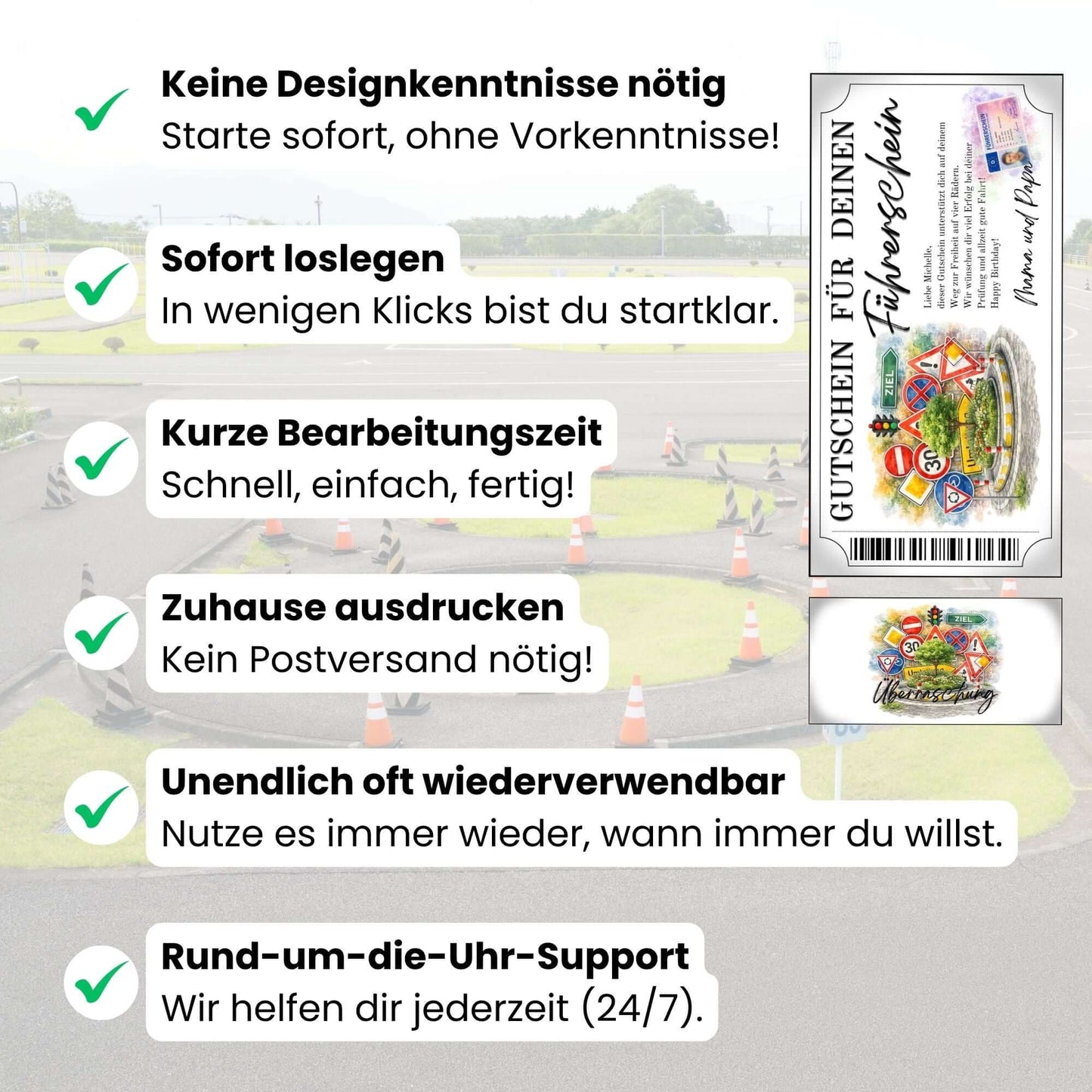 Digitale Führerschein Gutschein Vorlage im Ticket-Stil mit Barcode und Ampelmotiv