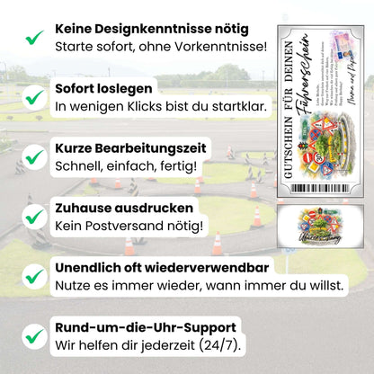 Digitale Führerschein Gutschein Vorlage im Ticket-Stil mit Barcode und Ampelmotiv