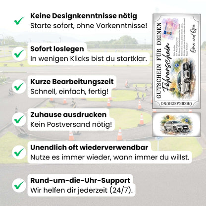 Digitaler Führerschein Gutschein Auto-Motiv mit Ampel und herbstlicher Farbstimmung