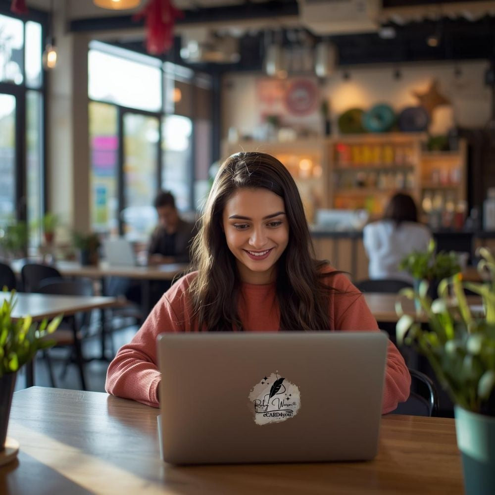 Frau mit Laptop die einen Gutschein selber gestaltet