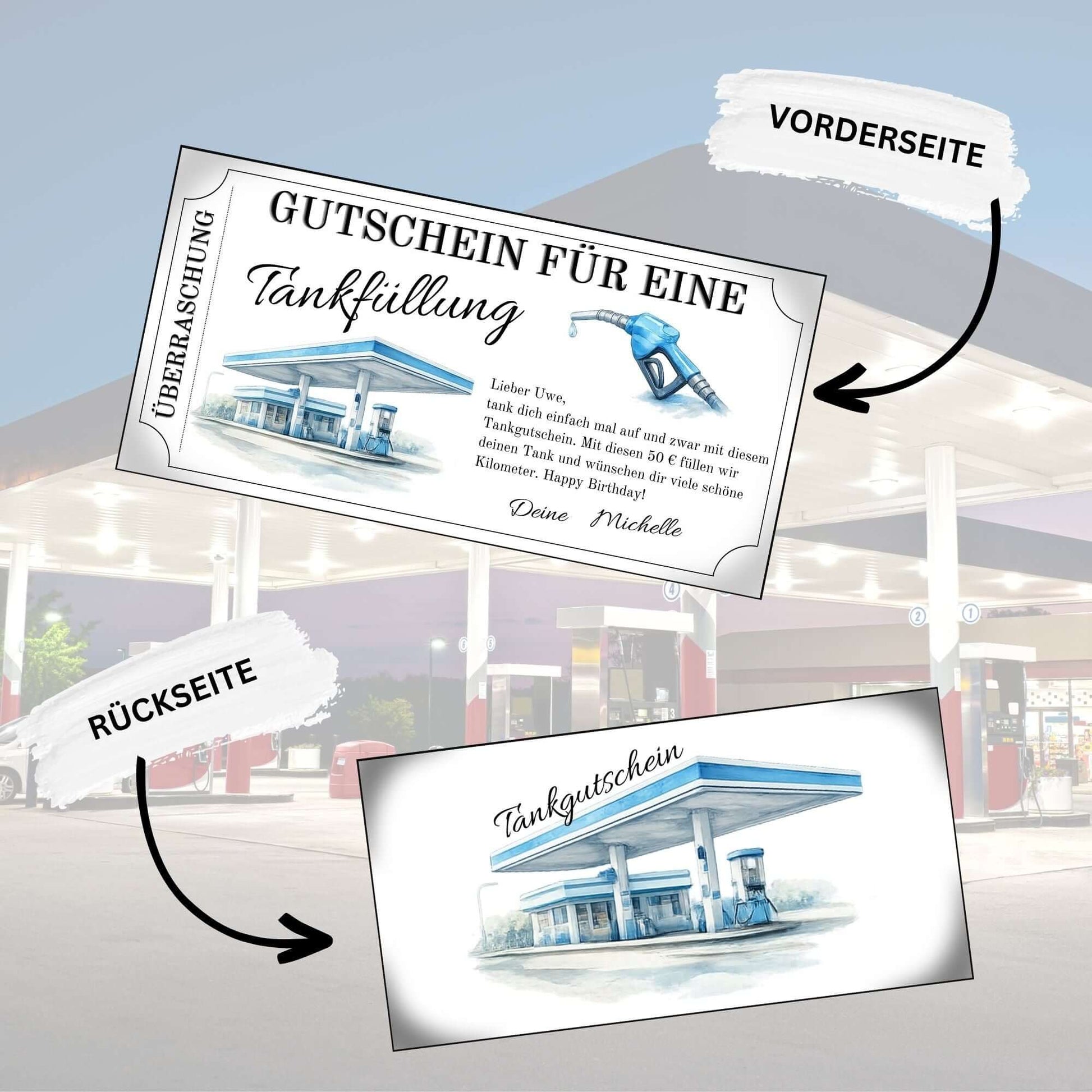 Personalisierbarer Tankgutschein zum Ausdrucken mit Blick auf die Vorder- und Rückseite im modernen Design.