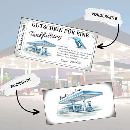 Personalisierbarer Tankgutschein zum Ausdrucken mit Blick auf die Vorder- und Rückseite im modernen Design.