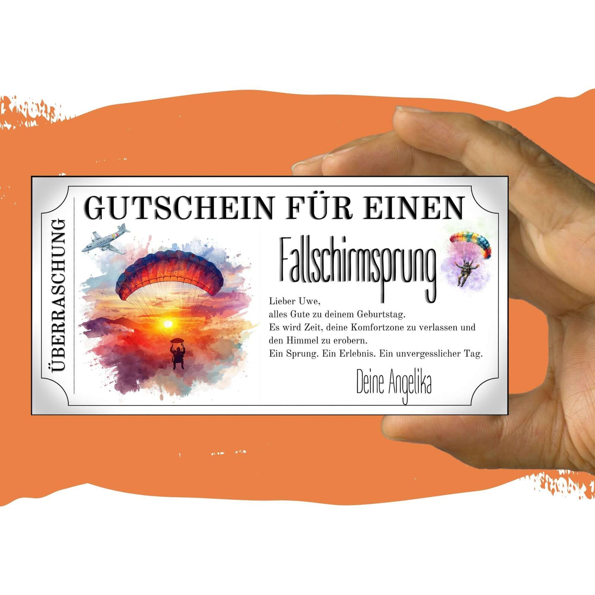 Skydiving Gutschein personalisiert mit Gegenlicht-Silhouette und Sonnenuntergang
