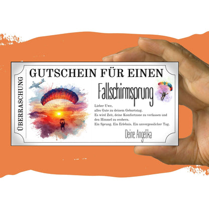 Skydiving Gutschein personalisiert mit Gegenlicht-Silhouette und Sonnenuntergang