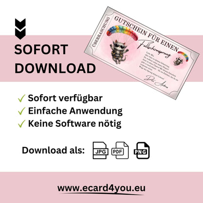Skydiving Geschenkidee lustig als druckbare PDF mit cooler Katze und buntem Fallschirm
