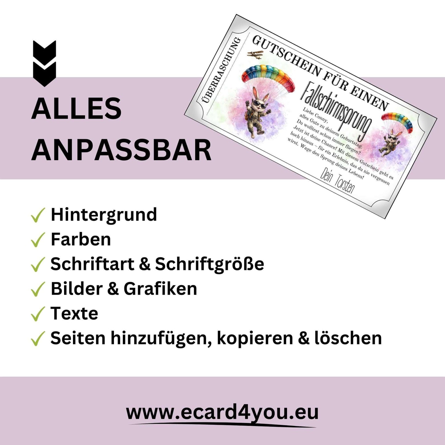 Humorvoller Fallschirmspringen Gutschein personalisiert mit Hasen-Motiv im Coupon-Format