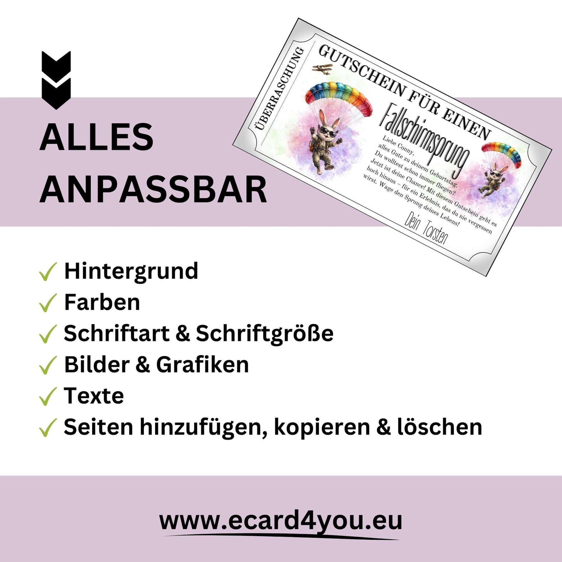 Humorvoller Fallschirmspringen Gutschein personalisiert mit Hasen-Motiv im Coupon-Format