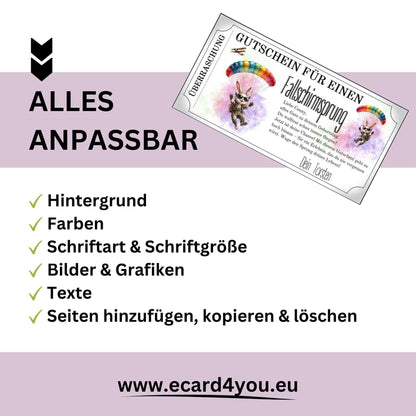 Humorvoller Fallschirmspringen Gutschein personalisiert mit Hasen-Motiv im Coupon-Format