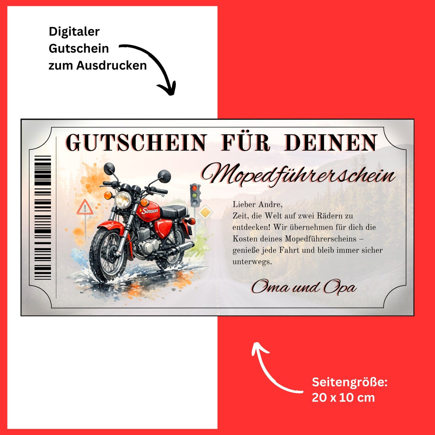 Mopedführerschein Gutschein Geschenk Geburtstag Simson S51 rot Aquarell