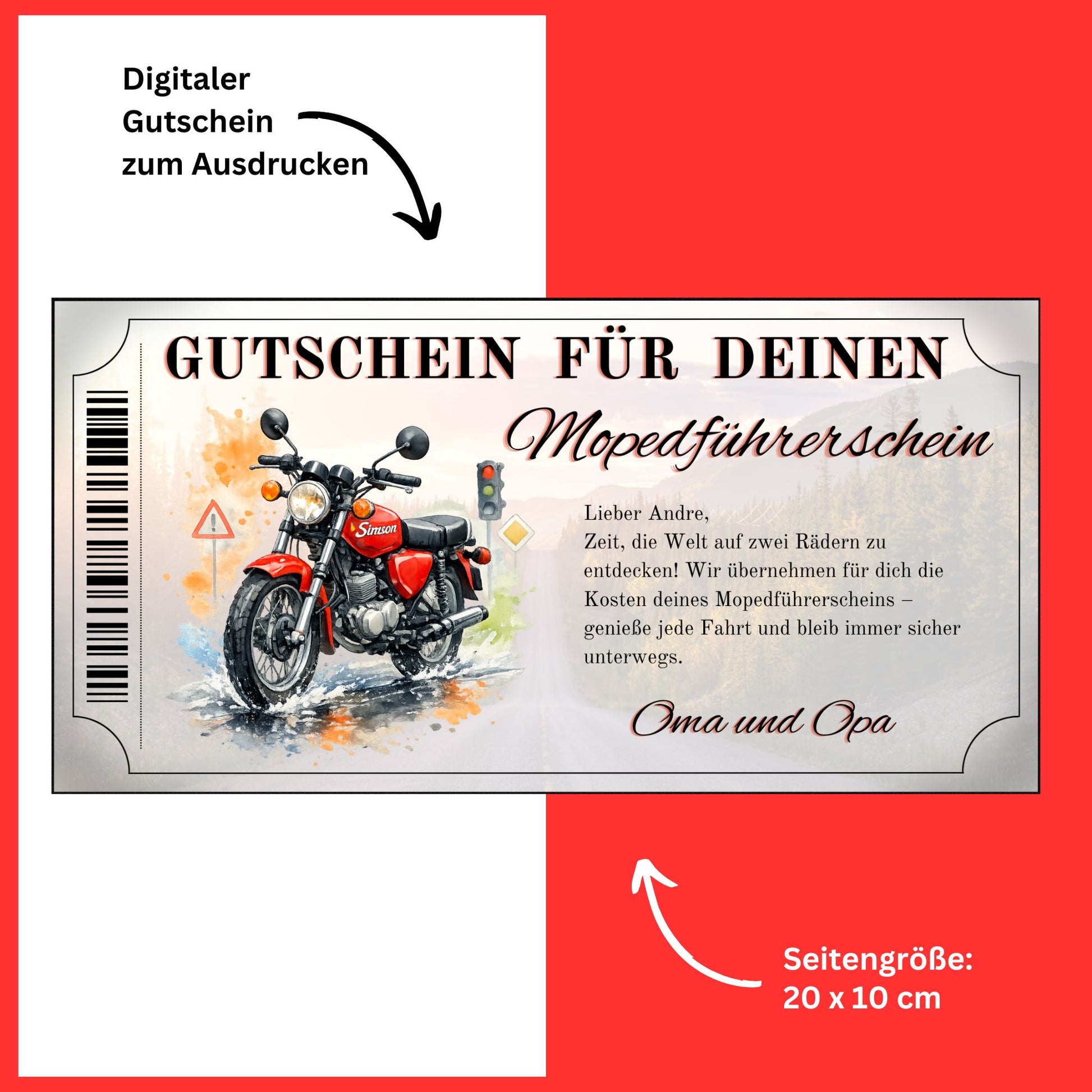 Mopedführerschein Gutschein Geschenk Geburtstag Simson S51 rot Aquarell