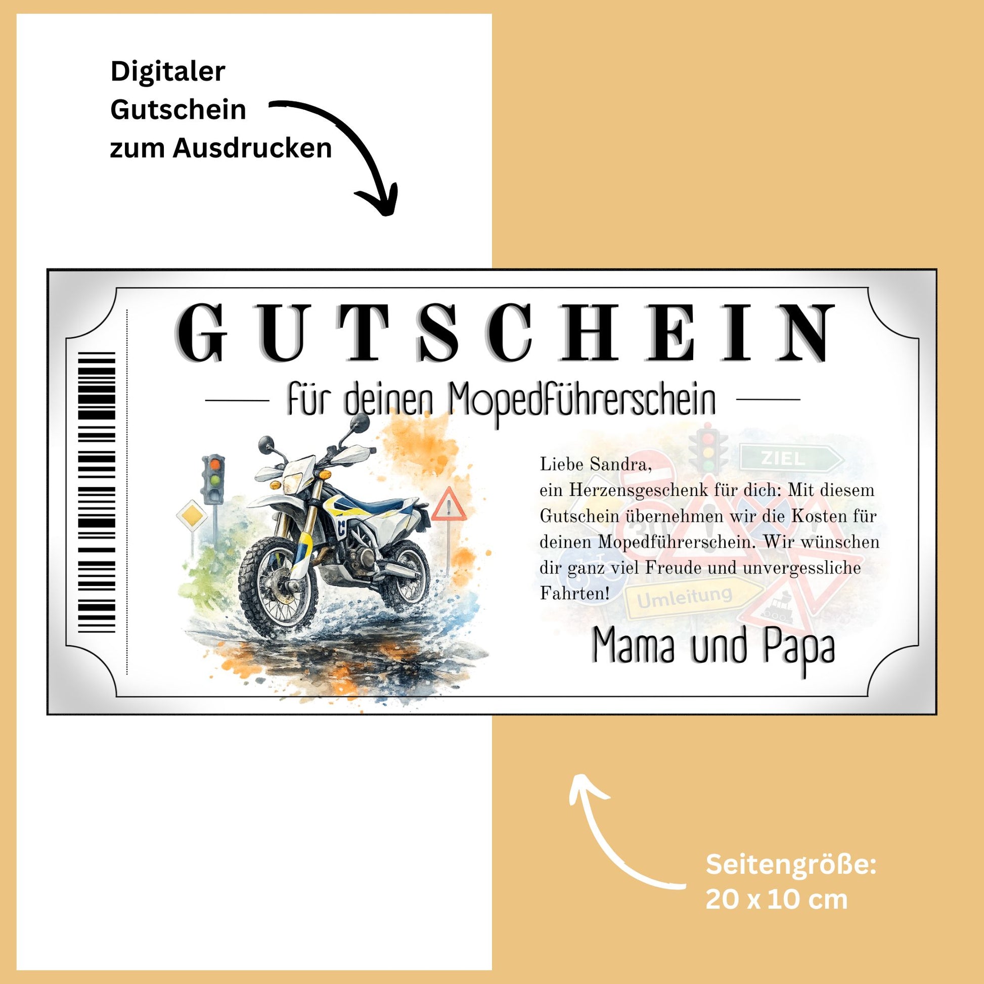Mopedführerschein Gutschein Herzensgeschenk Enduro blau-gelb Aquarell Motiv